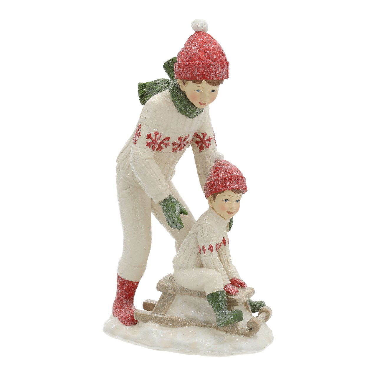 Kinder auf Schlitten aus Poly Rot/Weiß (B/H/T) 11x19x7cm Figur, Person, Gesicht, Kopf