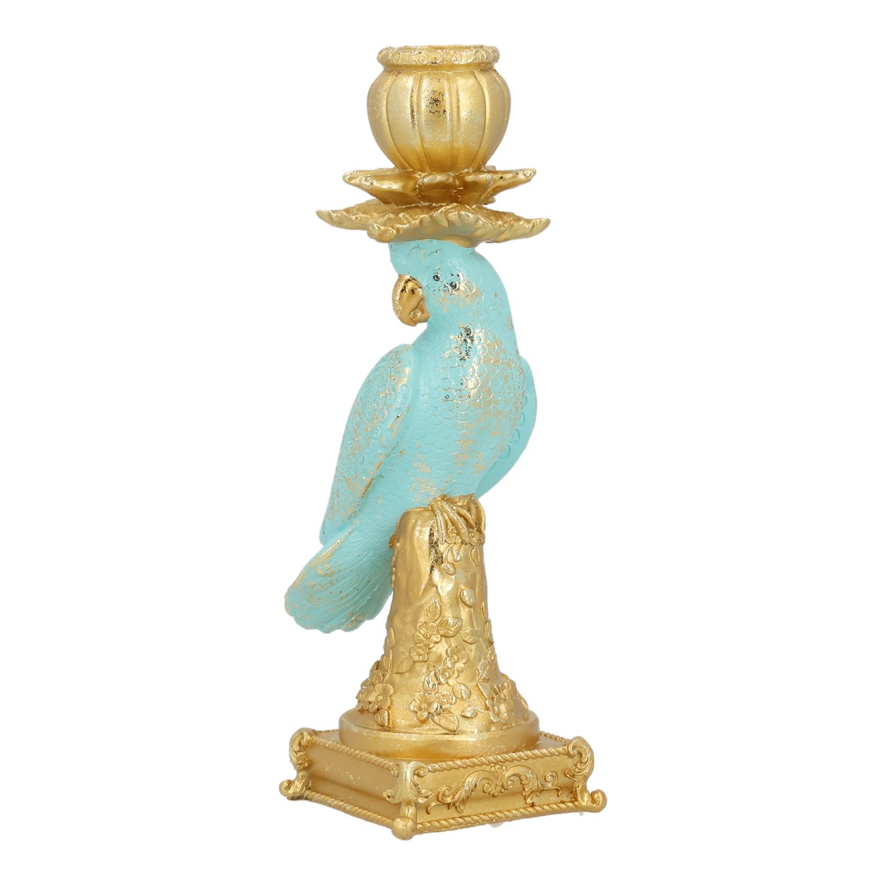 türkisfarbener papagei, goldene Akzente, Kandelaber, Dekorationsstatue, ornamentale Figur