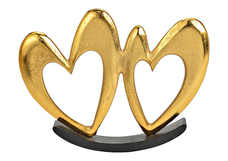 Display swing heart on mango wood base of metal gold (W/H/D) 23x18x3cm