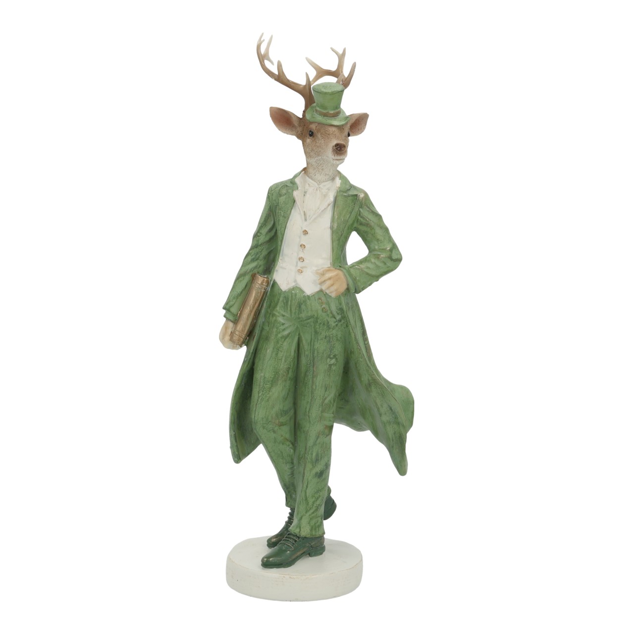deer figure, antler statue, green suit, top hat, book