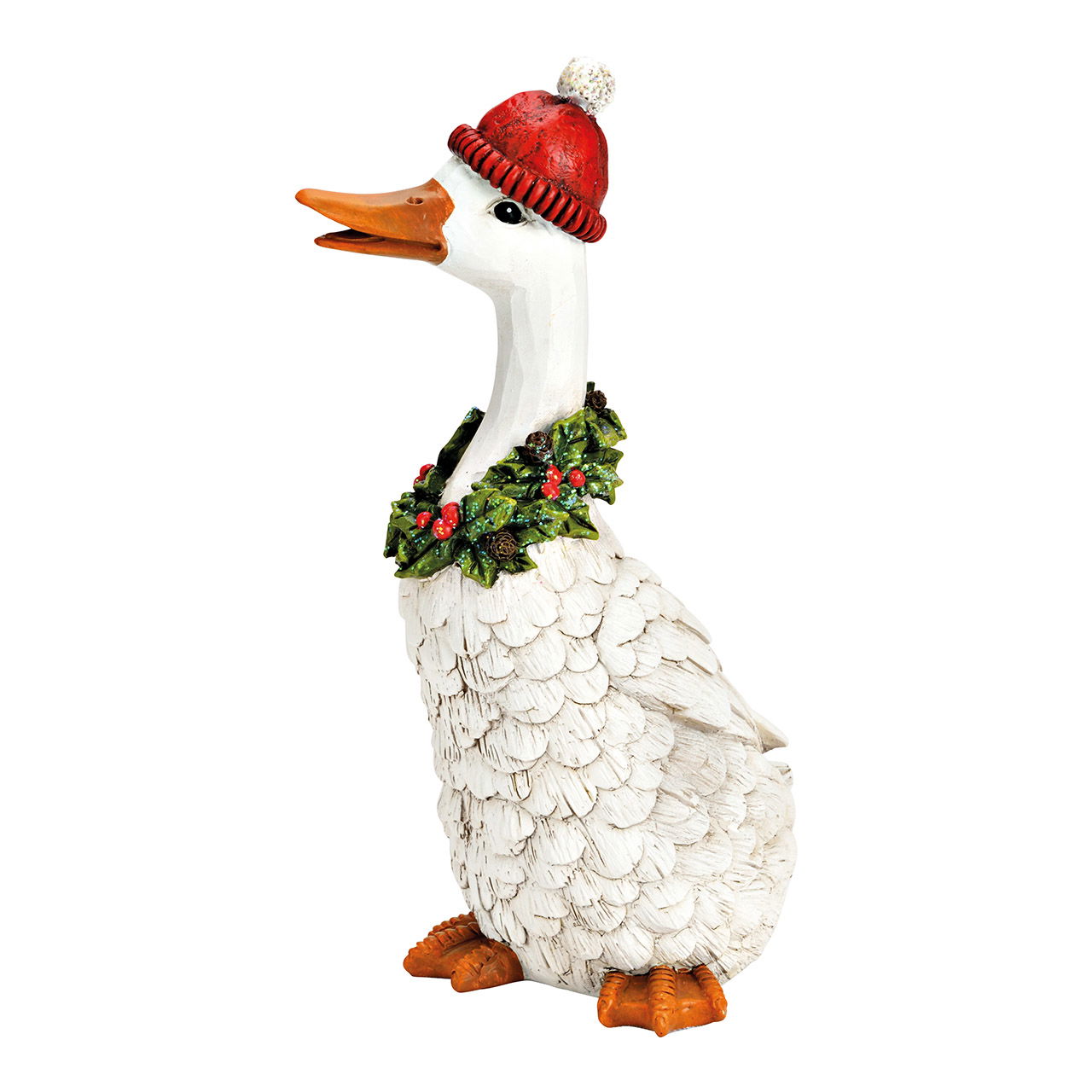 Christmas goose with cap and wreath made of white poly (W/H/D) 11x24x12cm