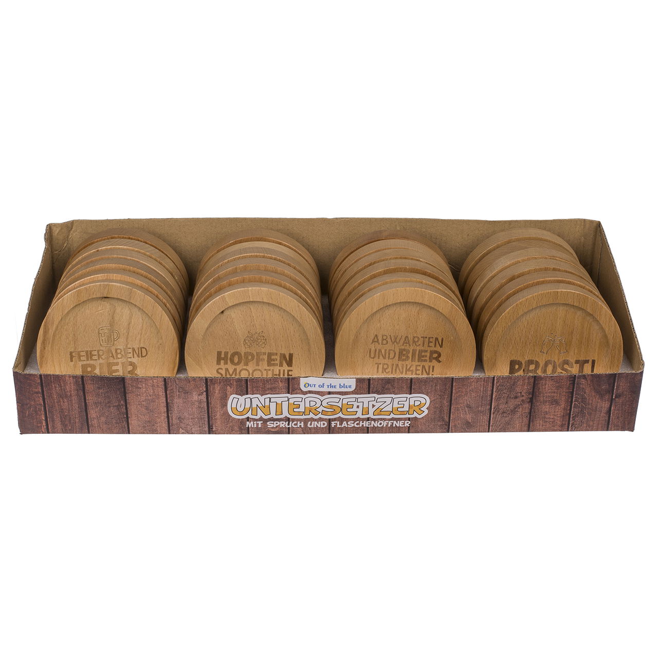 Posavasos con refrán y abrebotellas de madera, cuádruple, natural (ancho/alto/alto) 8x1x8cm 24pzs. en expositor Holz, Kiste