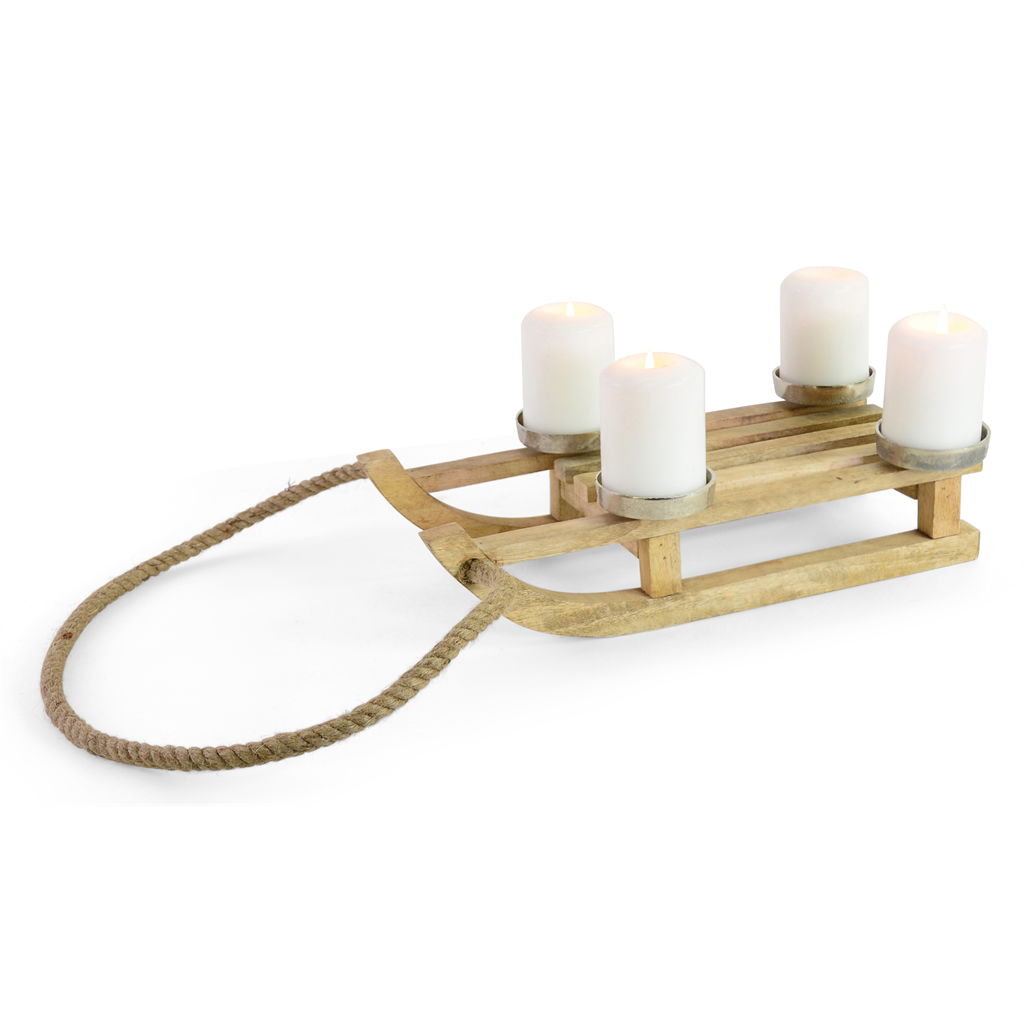 Dekoschlitten mit 4 Kerzenhaltern, Holz, 41x17x11cm, 1 Stck, natur, @