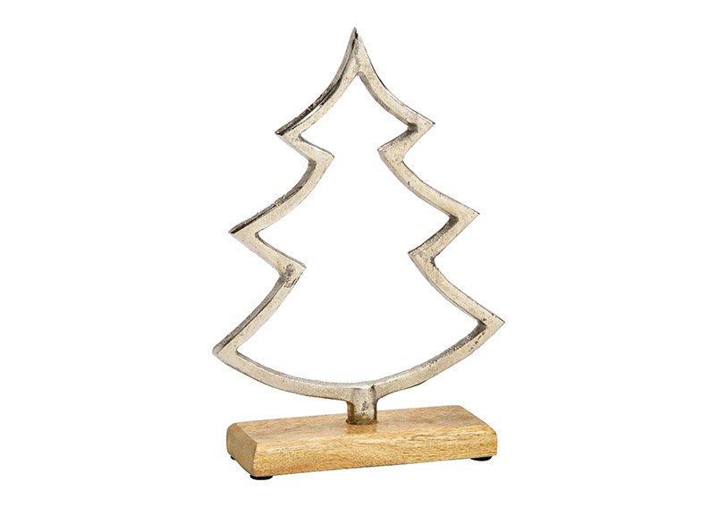 Display fir tree on mango wood base of metal silver (W/H/D) 20x27x5cm