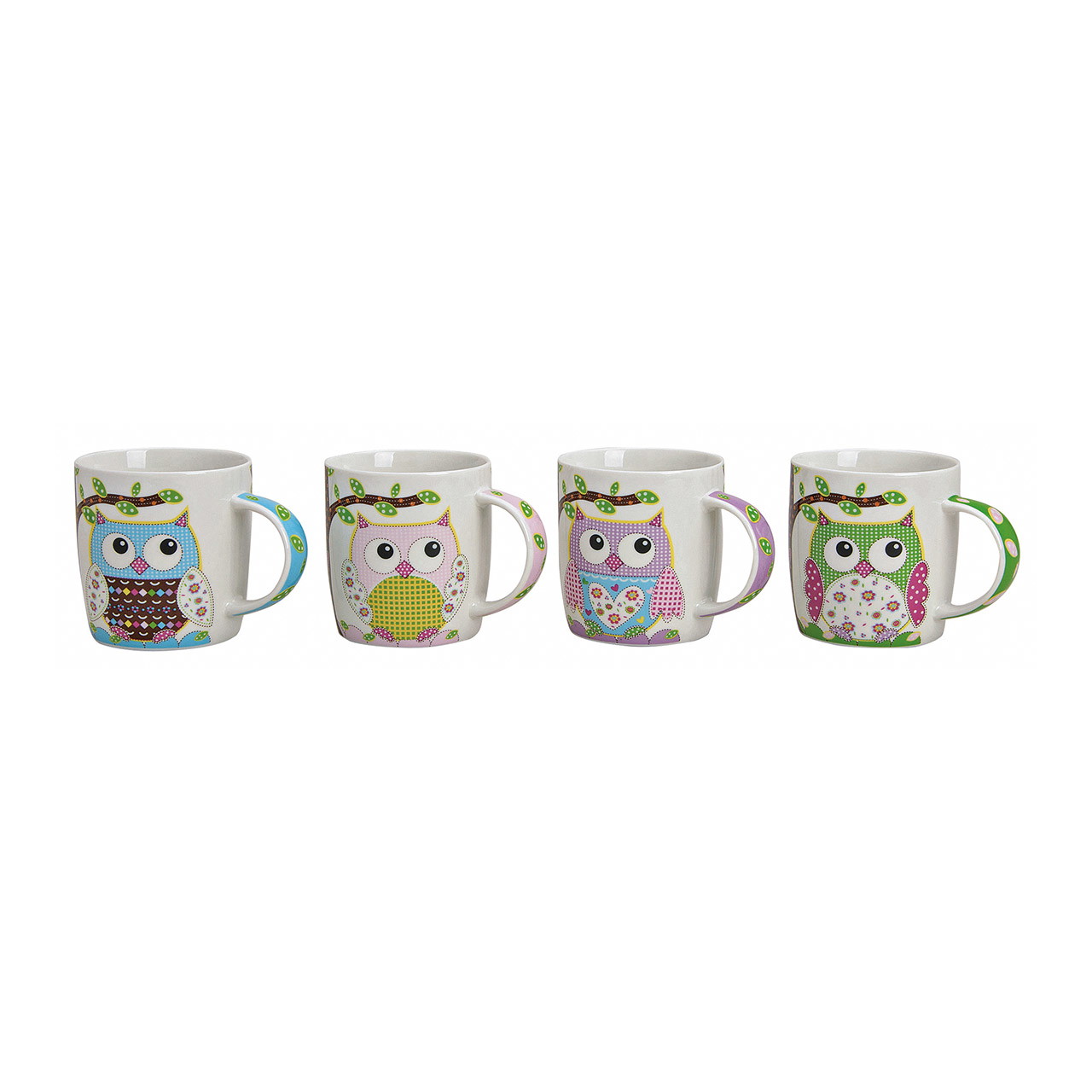 Becher Eule aus Porzellan, 4-fach sortiert, 9 cm, 350 ml Becher, Tassenset, Henkeltasse, Eulenmuster, Mehrfarbig