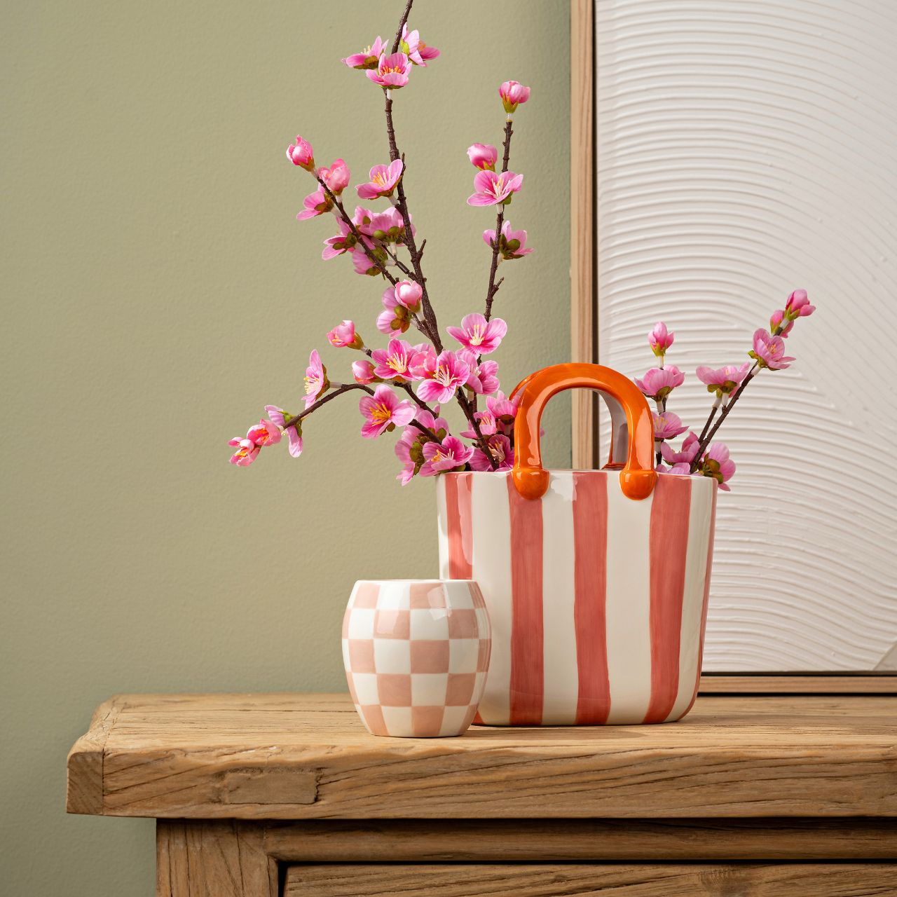 Vase handbag striped ceramic pink/pink (W/H/D) 17x23x7cm