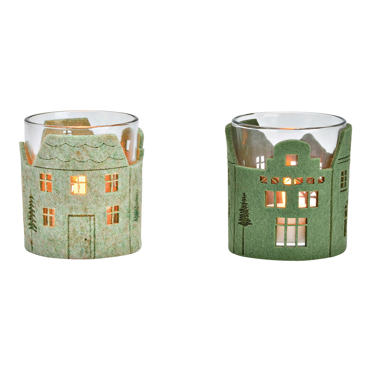 Photophore décor maison, en verre, feutre vert 2 fois, (L/H/P) 7x8x7cm Photophore décor maison, en verre, feutre vert 2 fois, (L/H/P) 7x8x7cm