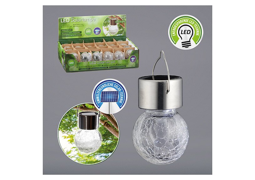 Solar light LED Crackle made of glass, stainless steel, plastic made of glass Transparent, warm white, (W/H/D) 6x13x6cm incl. 1x1,2V Ni-Mh 200mAH. 2/3AAA, on and off switch,