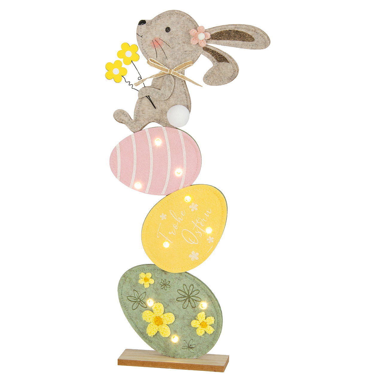 Hase auf Ostereier aus Filz Bunt (B/H/T) 23x34x5cm exkl. 2xCR2032 Osterhase, Dekofigur, Holzkonstruktion, Bunte Ostereier, Dekoaufsteller
