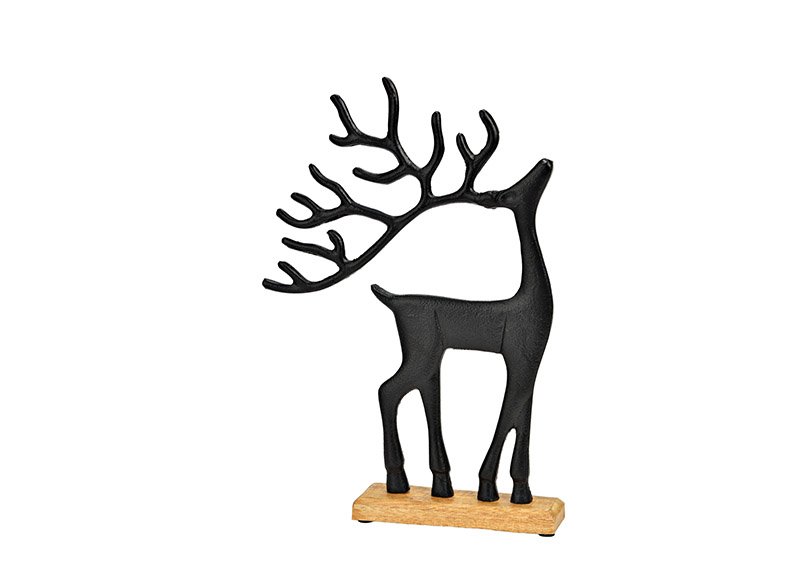 Présentoir cerf sur socle en bois de manguier en métal noir (L/H/P) 22x33x5cm