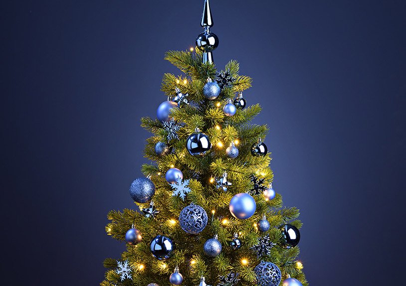 Plastic Christmas ball set tile blue, set of 111, (W/H/D) 23x35x12cm Ø3/4/6cm