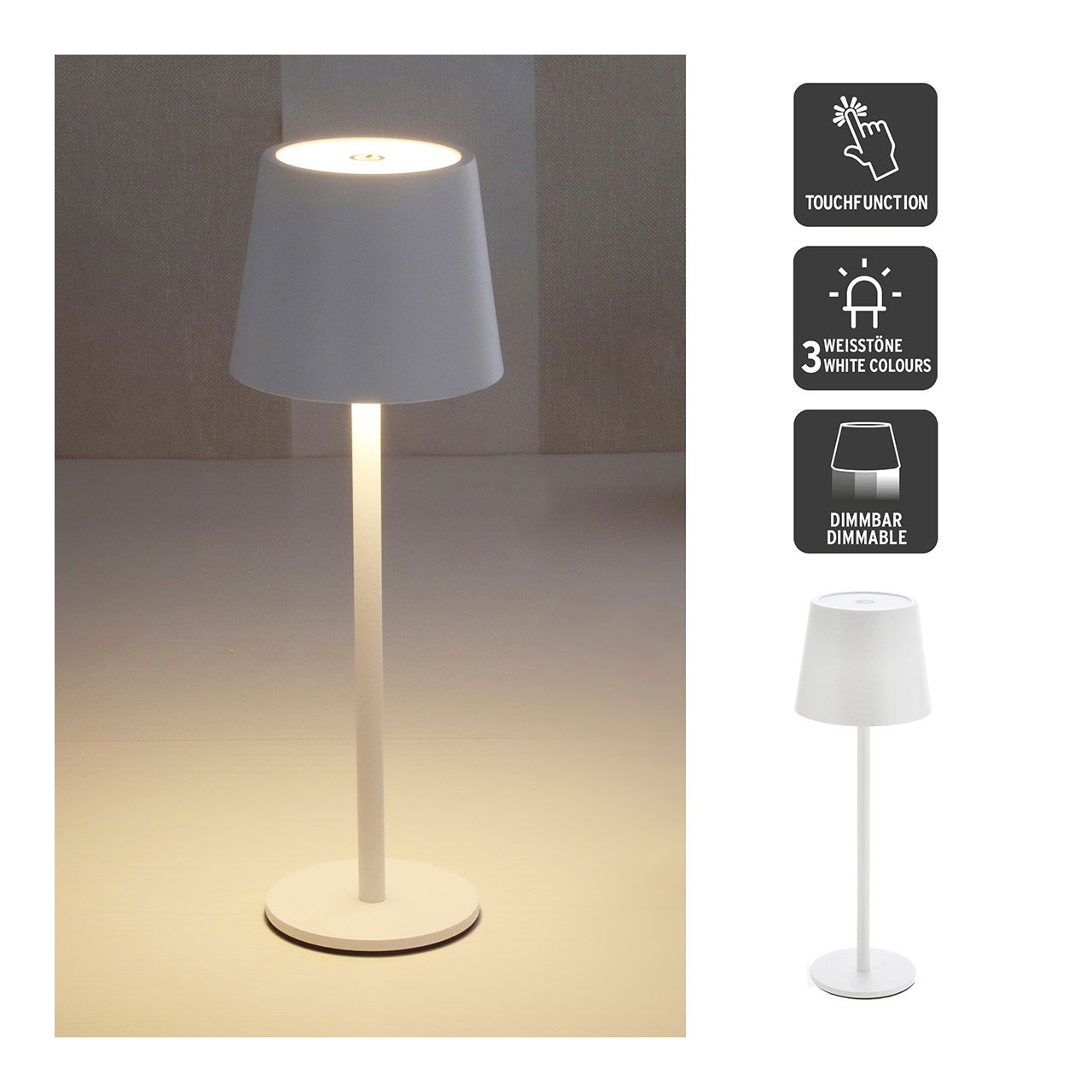 Lampe de table LED en métal blanc (L/H/P) 9x26x9cm, USB, fer, 48LED, gradation continue, 3 teintes, blanc froid, blanc chaud, blanc pur, 1m de câble de chargement USB vers USB C, max. 45 lumens, temps de chargement 1-2 heures, durée d'éclairage jusqu'à 6 