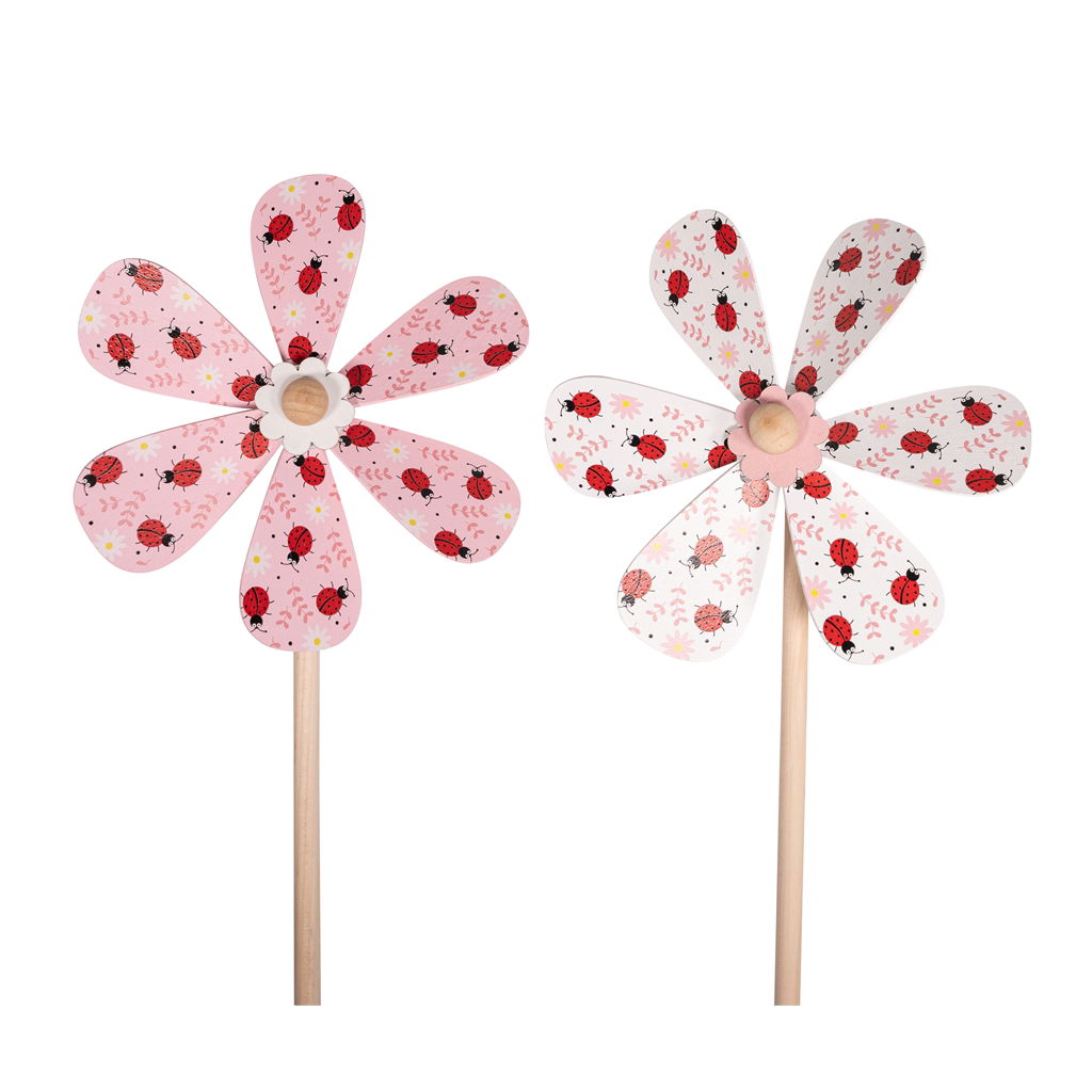 Wind wheel ladybug design, 2 motifs assorted, wood, 17x5.5x48cm, 1 piece, white-pink Essen, Süßigkeiten