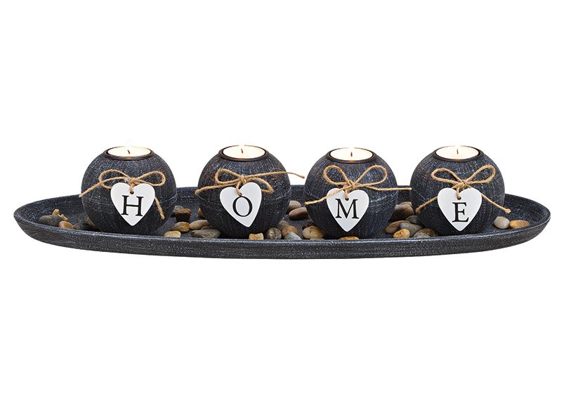 Tealight holder 4er on tray with stones HOME, made of MDF Black (W/H/D) 50x10x18cm