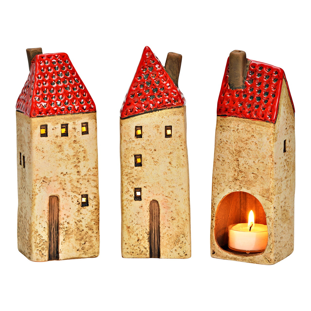 Figurine Maison en faïence, triple, rouge/nature (L/H/P) 6x18x6cm Deko-haus, Laterne, Kerzenhalter, Rotdach, Miniaturhaus