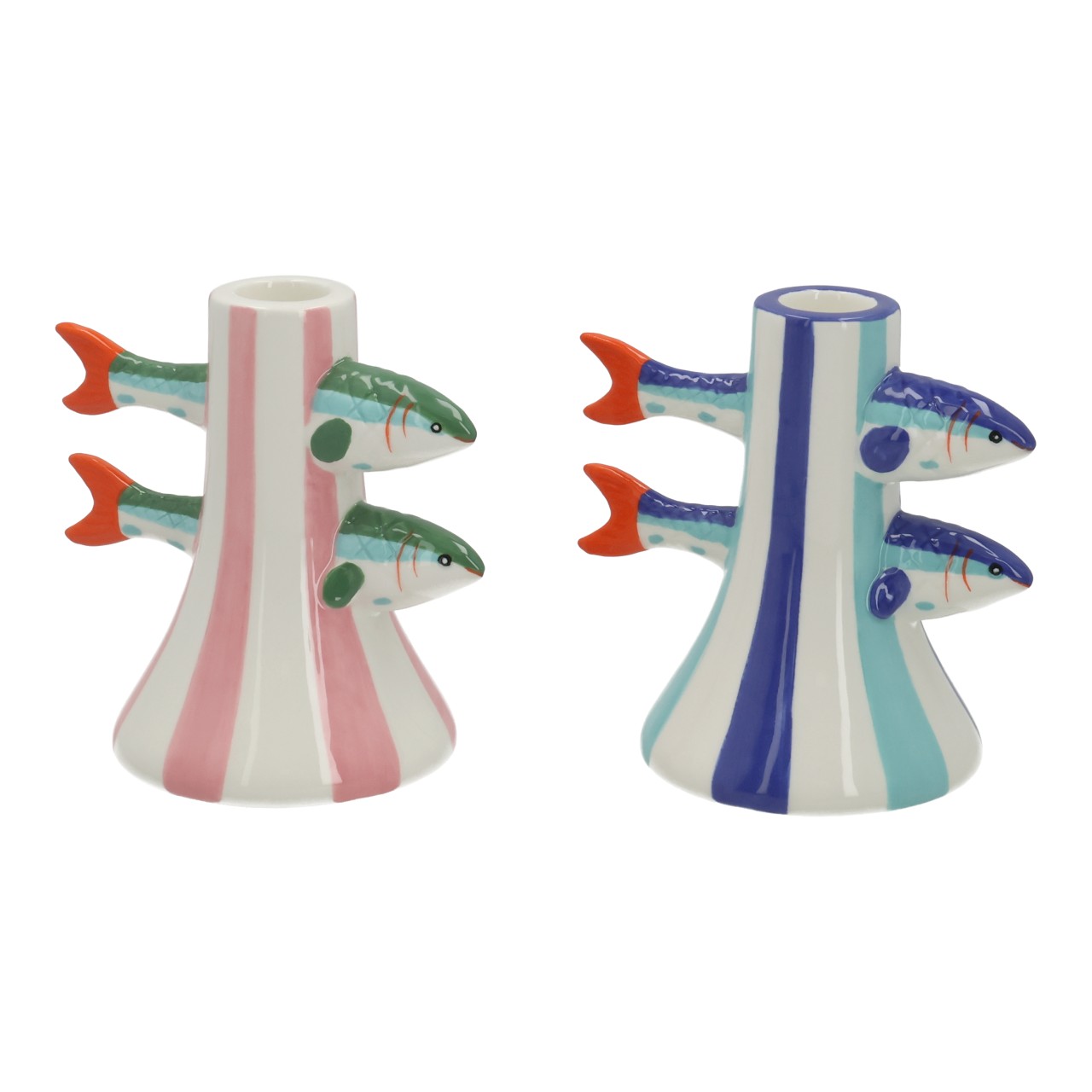 Kerzenhalter Sardinen aus Keramik Weiß 2-fach sortiert (B/H/T) 12x12x8cm Keramik, Teelichthalter, Fisch-Design, Pastellfarben, Mehrfarbig