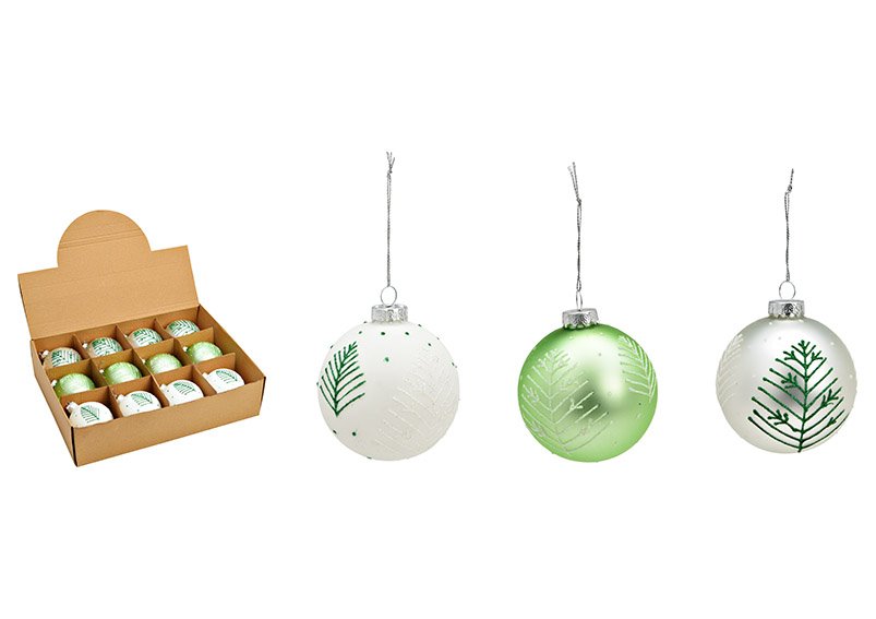 Kerstbal spar decor van glas wit, groen 3-voudig, (B/H/D) 8x8x8cm Ø8cm