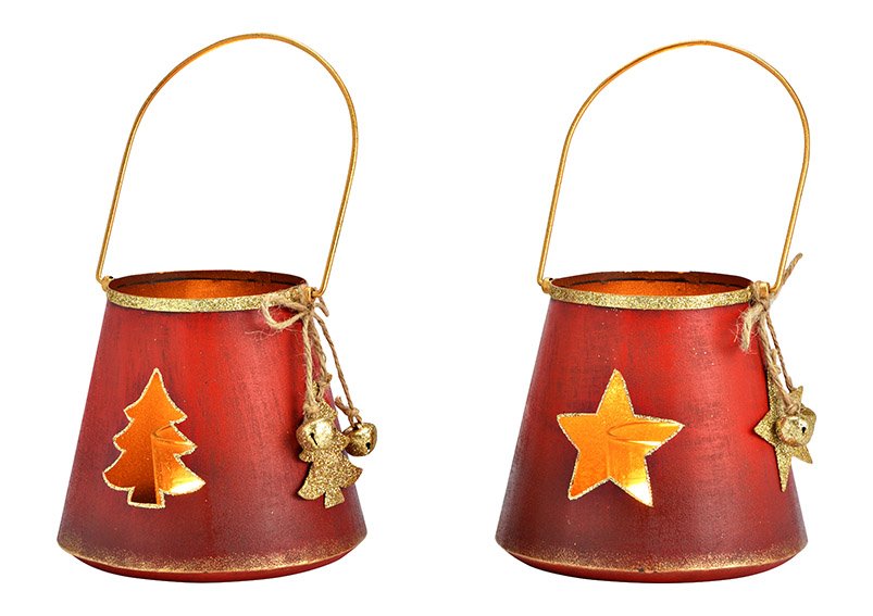 Linterna estrella, decoración de árbol, de metal, vidrio rojo 2 veces, (c/h/d) 12x11x12cm