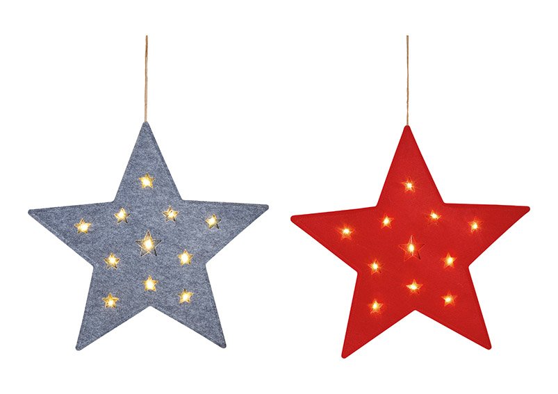 Hanger star with 12 led light made of felt gray, red 2-fold, (w / h) 45x45cm