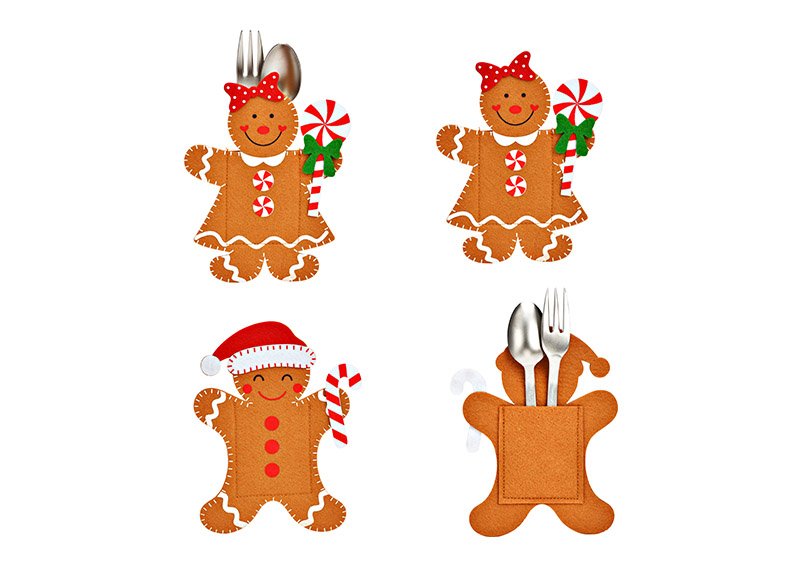 Felt cutlery bag gingerbread figures made of polyester brown 2-fold, (W/H) 12x16cm