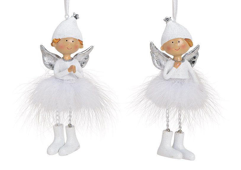 Hanger angel poly feather white silver 2 asst. 5x14x3cm