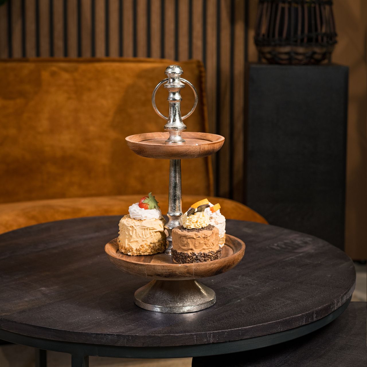 Etagère 2er hout/metaal 33x15/25cm dia Etagère 2er hout/metaal 33x15/25cm dia