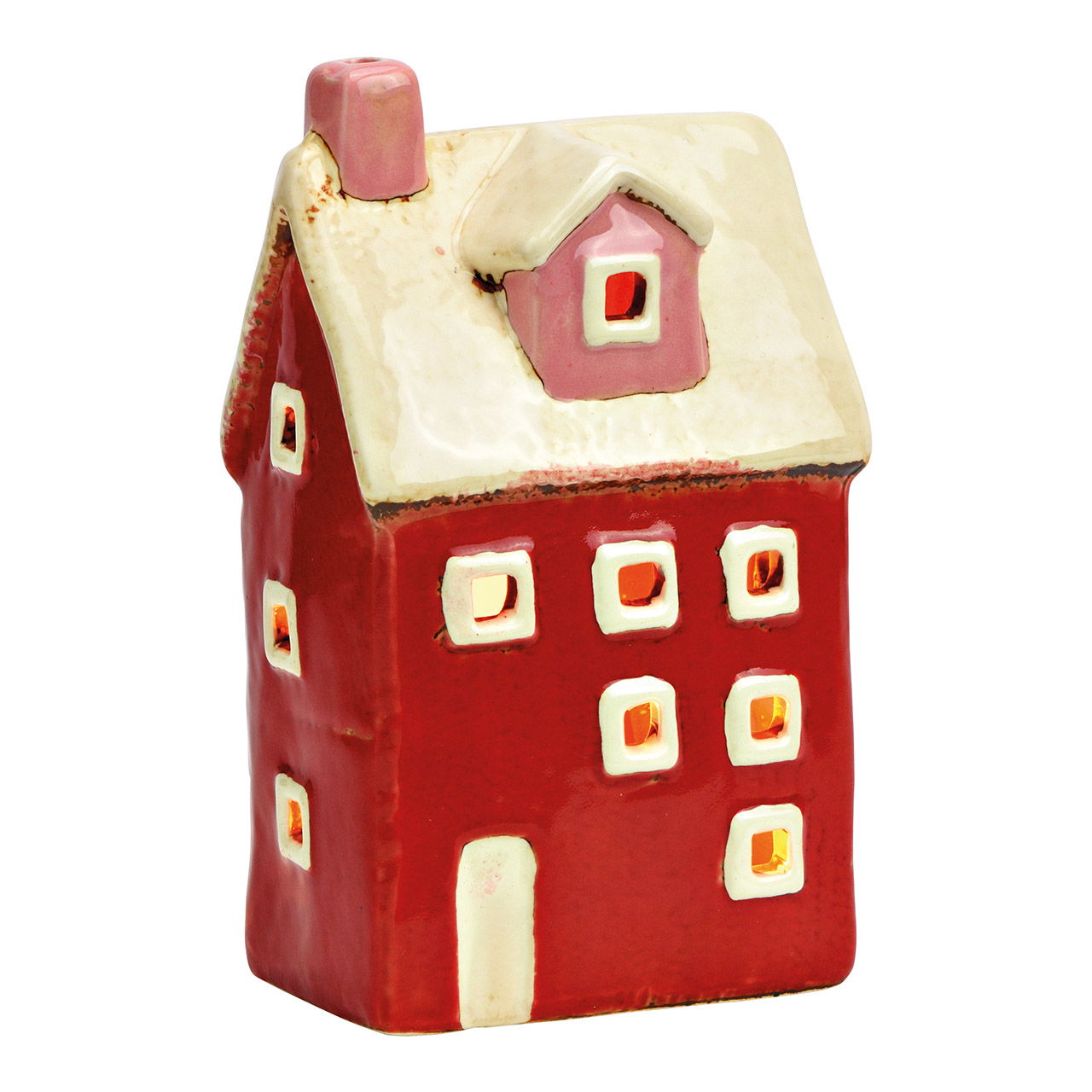 Stoneware lantern house, red/white (W/H/D) 10x16x7cm