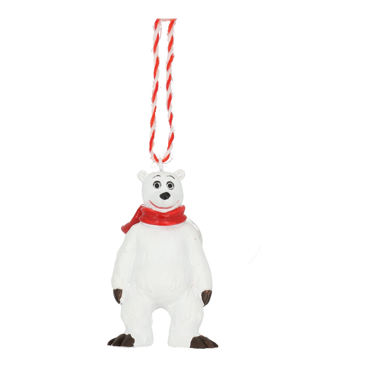 Polar bear ornament, White bear, Red scarf, Candy cane string, Holiday decor