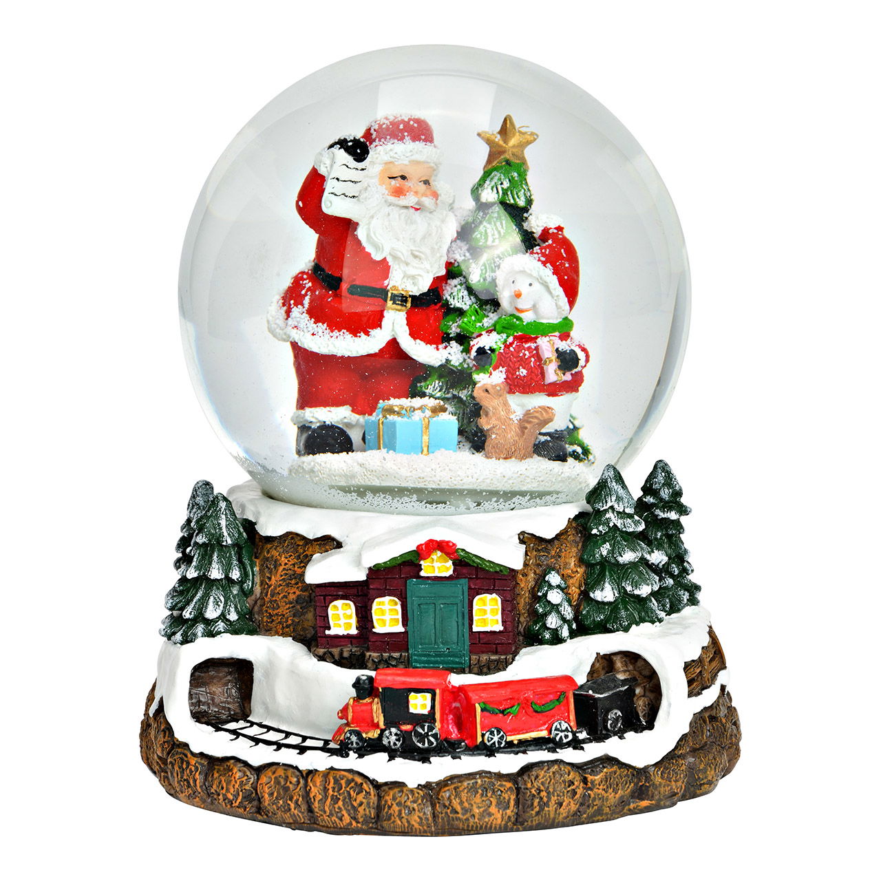 Reloj musical/esfera de nieve Árbol de Navidad de Papá Noel con remolino de nieve, luz, música hecho de poliéster/vidrio, rojo (A/A/A) 15x17x14cm Funcionamiento con pilas 3xAAA no incluidas