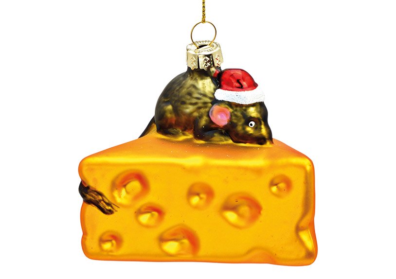 Kerst hanger muis op kaas hoek van glas goud (w/h/d) 8x8x8cm