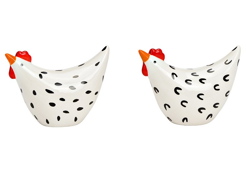 Ceramic chicken black, white 2-fold, (W/H/D) 8x5x4cm