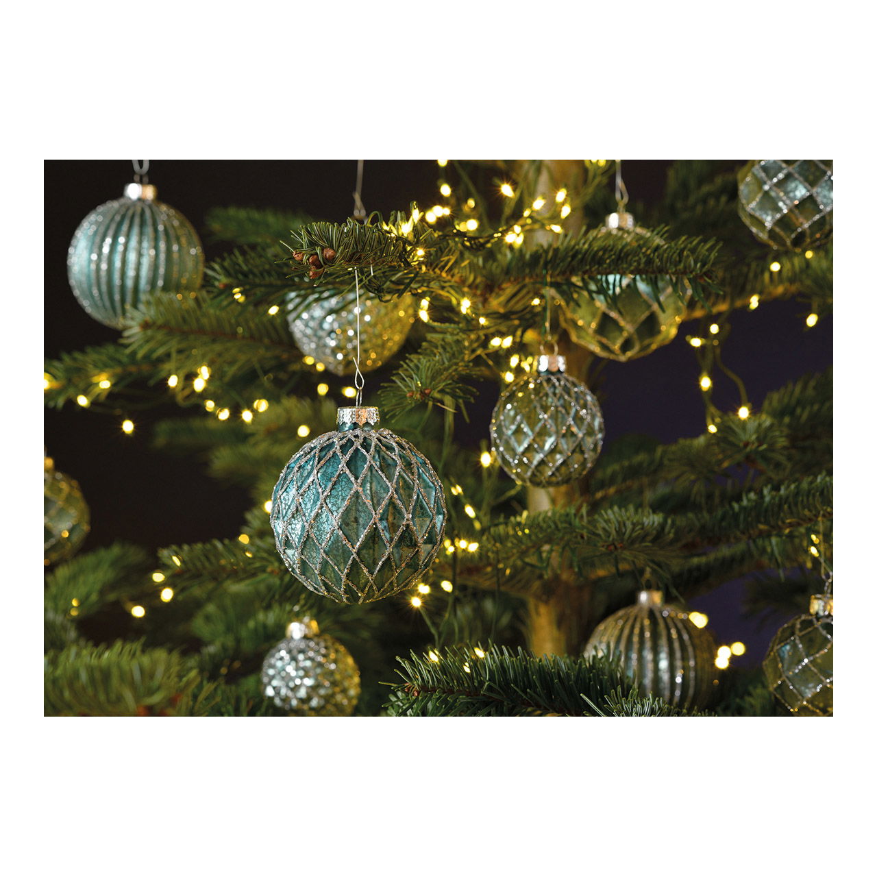 Weihnachtskugel Glitter aus Glas, 4-fach, Türkis/Silber Ø6cm Pflanze, Baum, Weihnachtsdekorationen, Zubehör, Weihnachtsbaum