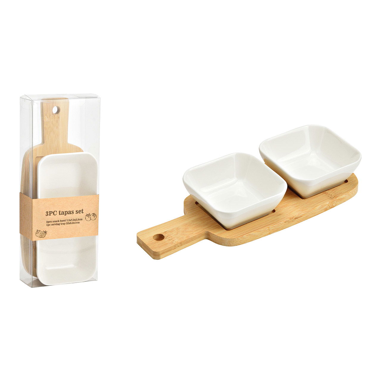 Ceramic tapas bowls with bamboo serving board, set of 3, white/natural (W/H/D) 7x3x7cm/22x1x8cm