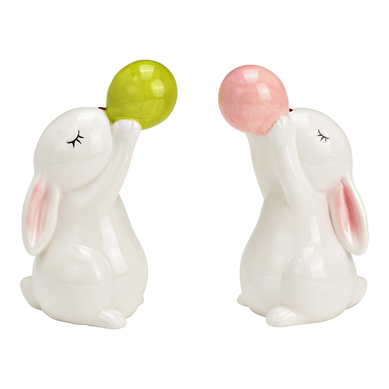 Bunny with balloon made of porcelain 2-fold, white/green/pink (W/H/D) 8x16x9cm