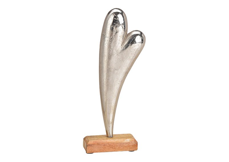 Aufsteller Herz aus Metall auf Mangoholz Sockel Silber (B/H/T) 10x28x5cm