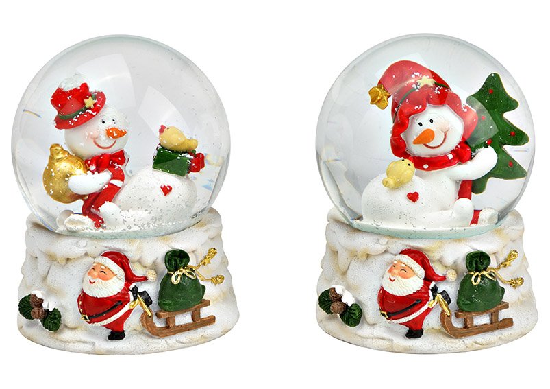 Snow globe snowman, Christmas motif made of poly/glass colorful 2-fold, (W/H/D) 7x9x7cm