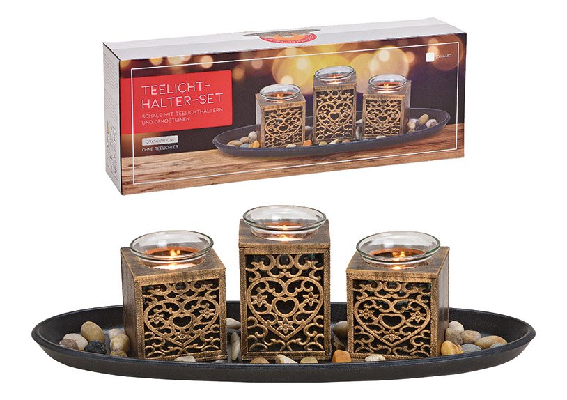 Porte-bougies à réchaud 3 en bois, verre Noir, or Set de 5, (L/H/P) 39x13x14cm