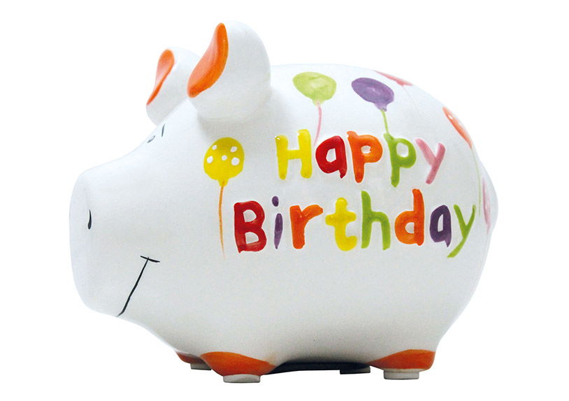 Small piggy, happy birthday, ceramic (w/h/d) 12,5x9x9cm