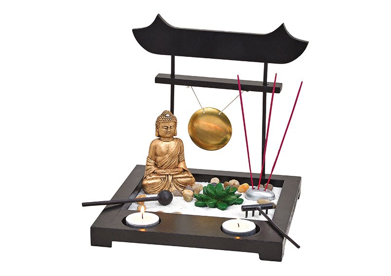 Set Buddhagarten ZEN, Buddha 10cm H, gong, raquette, porte-bougie pour 2 bougies à chauffe-plat, plante artificielle, decko sable, pierres, râteau, porte-encens avec 3 bâtonnets d'encens en bois, métal noir (L/H/P) 22x22x22cm