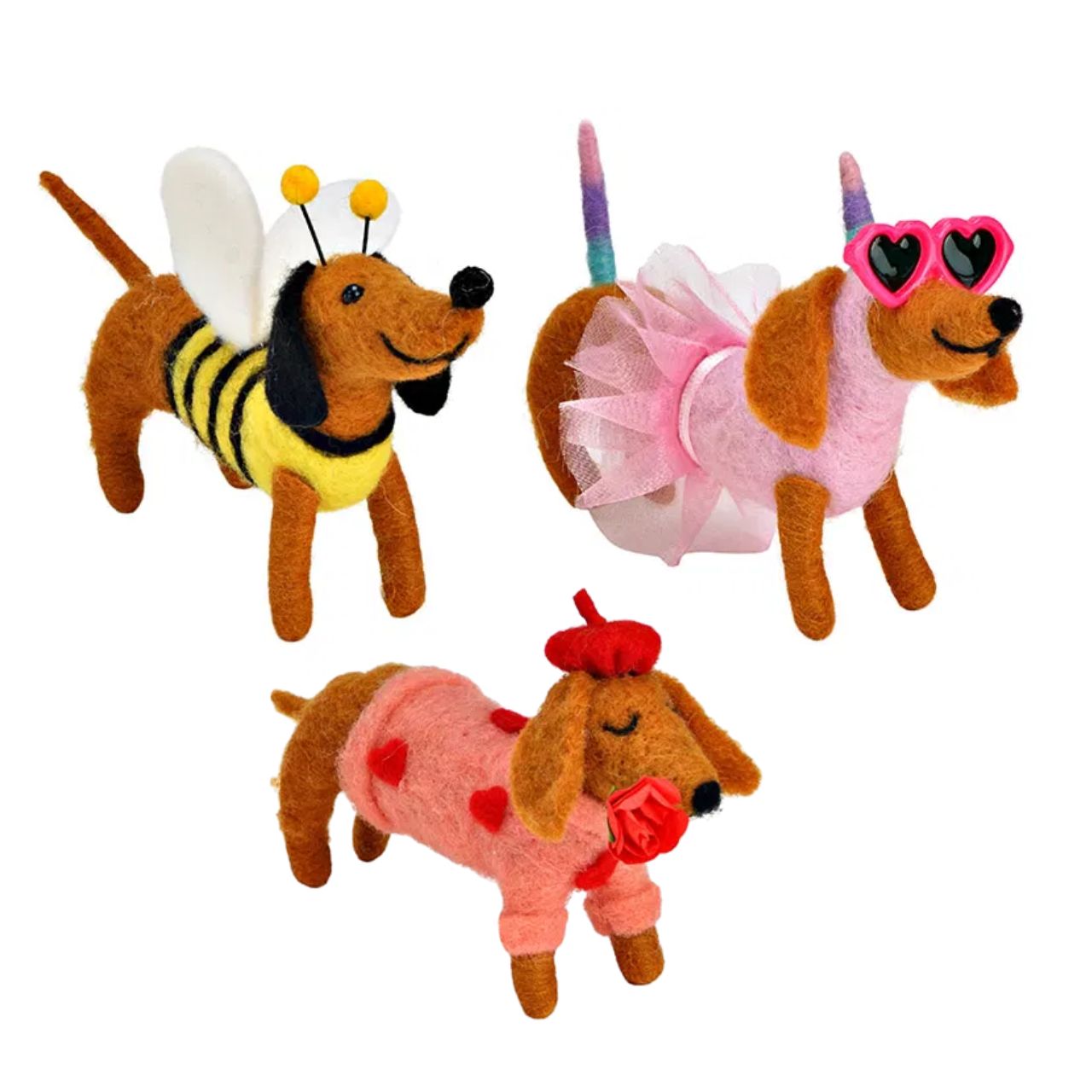 Figurine dog dachshund made of felt, 3-fold, brown/pink/yellow (W/H/D) 14x9x4cm Plüsch, Spielzeug