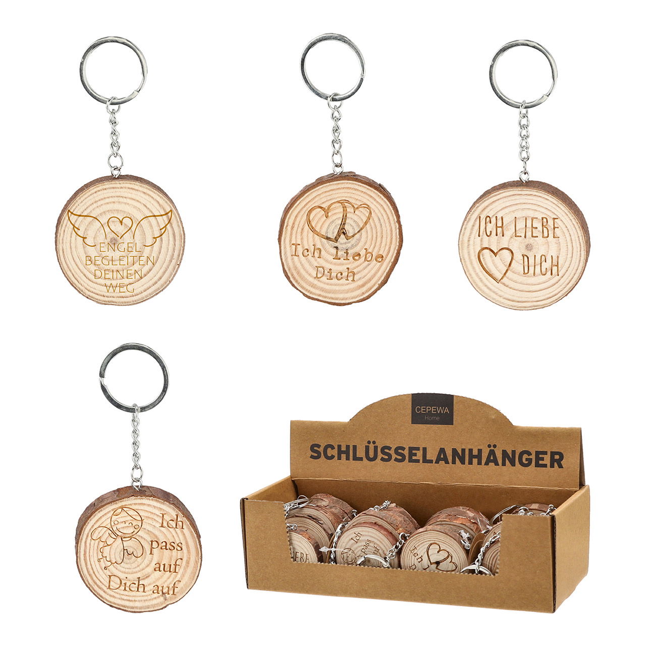 Keychain with Wood Disc and Metal/Wood Quotes, 4-fold, Natural, Ø6cm.