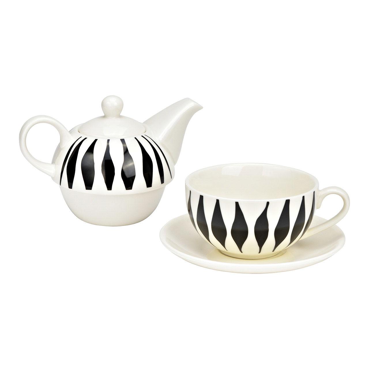 Set de théières, décor fuseau, set de 3, en porcelaine blanche, noire (L/H/P) 15x16x15cm 400ml/250ml