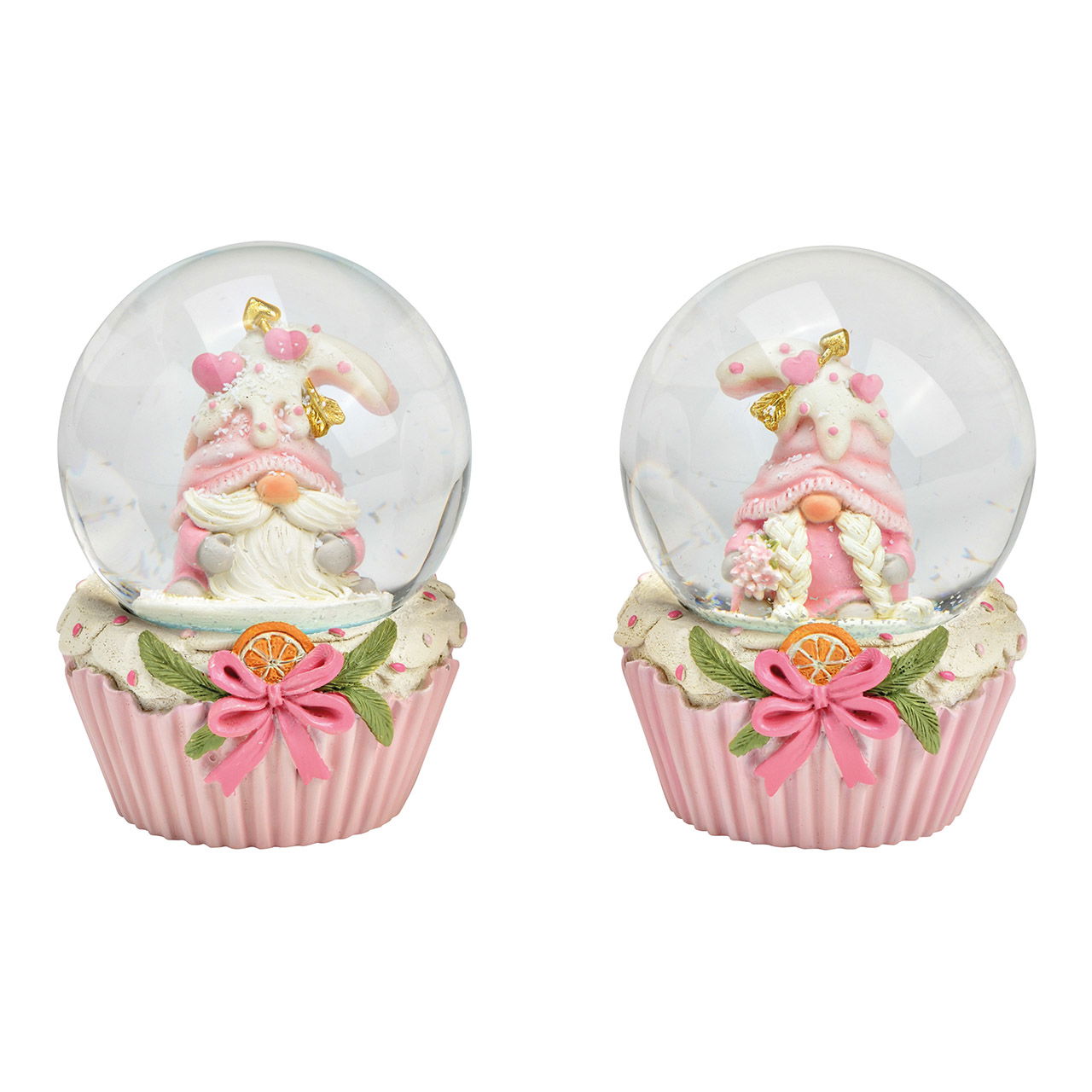 Boule à neige lutin en poly/verre rose/rose 2 fois, (L/H/P) 6x9x7cm