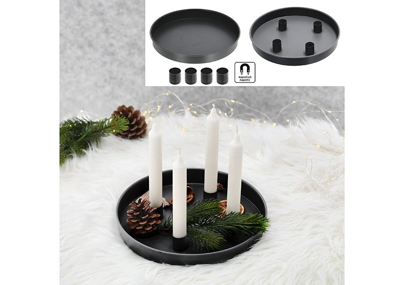 Advent wreath, tray with 4 magnetic stick candle holders, made of metal black (W/H/D) 25x3x25cm suitable for stick candles up to 2.3cm