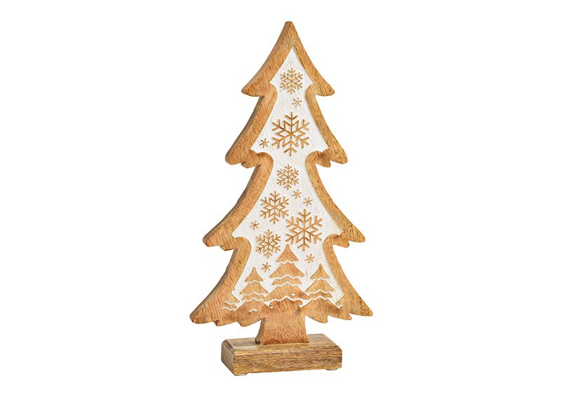 Display dennenboom, sneeuwvlokdecor van natuurlijk mangohout, wit (B/H/D) 17x32x5cm
