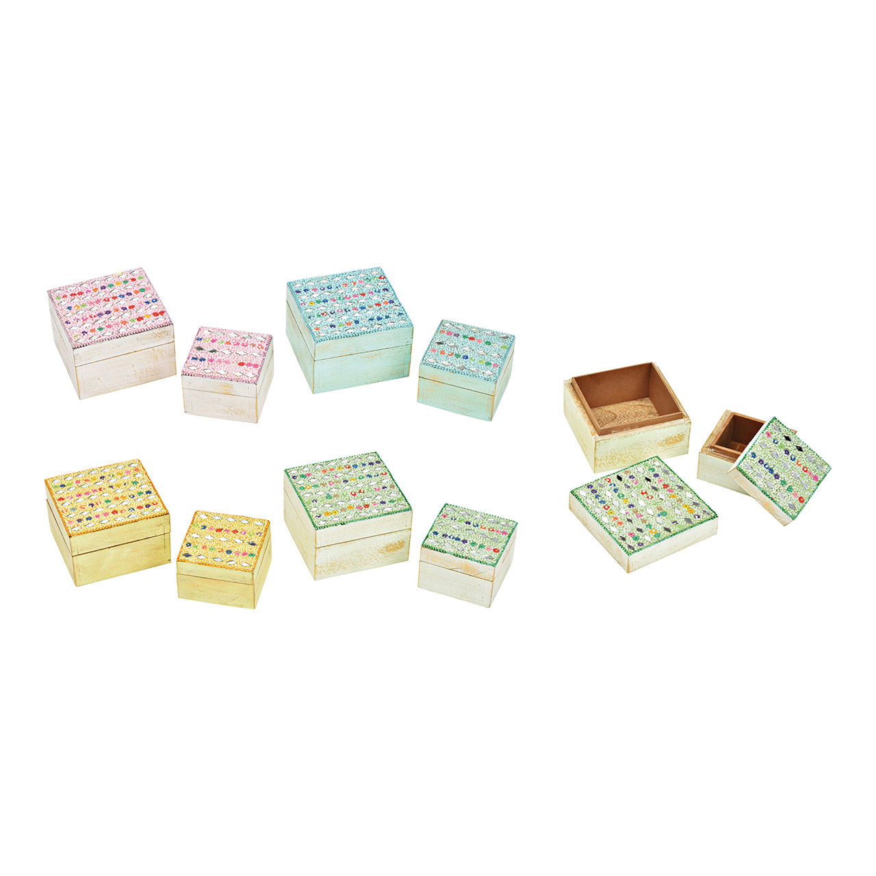 Schachtel Set mit Glasperlen Dekor 2-er Set, aus Holz pink, gelb, grün, blau 4-fach, (B/H/T) 10x6x10cm 7x5x7cm Schachtel Set mit Glasperlen Dekor 2-er Set, aus Holz pink, gelb, grün, blau 4-fach, (B/H/T) 10x6x10cm 7x5x7cm