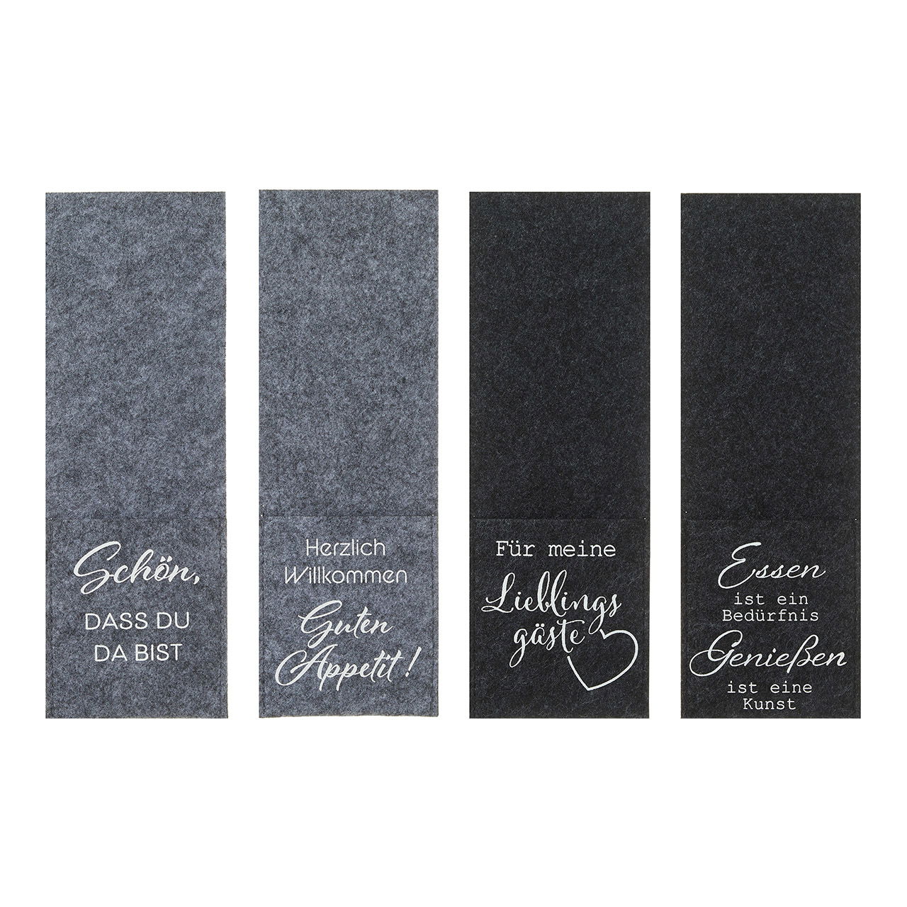 Bestekzak van vilt met spreuk, 4-voudig, grijs (B/H) 9x26cm Bestekzak van vilt met spreuk, 4-voudig, grijs (B/H) 9x26cm