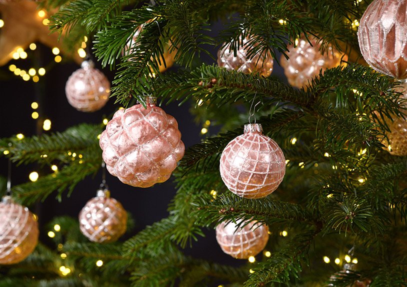 Weihnachtskugel Glitter aus Glas Pink, silber 4-fach, (B/H/T) 8x8x8cm