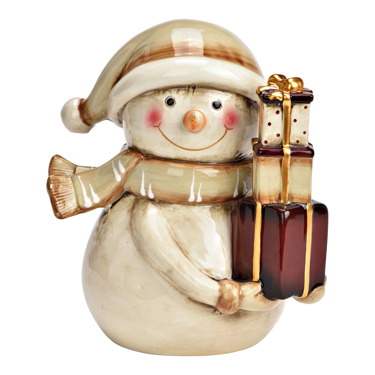 Ceramic snowman with presents, beige (W/H/D) 16x17x12cm