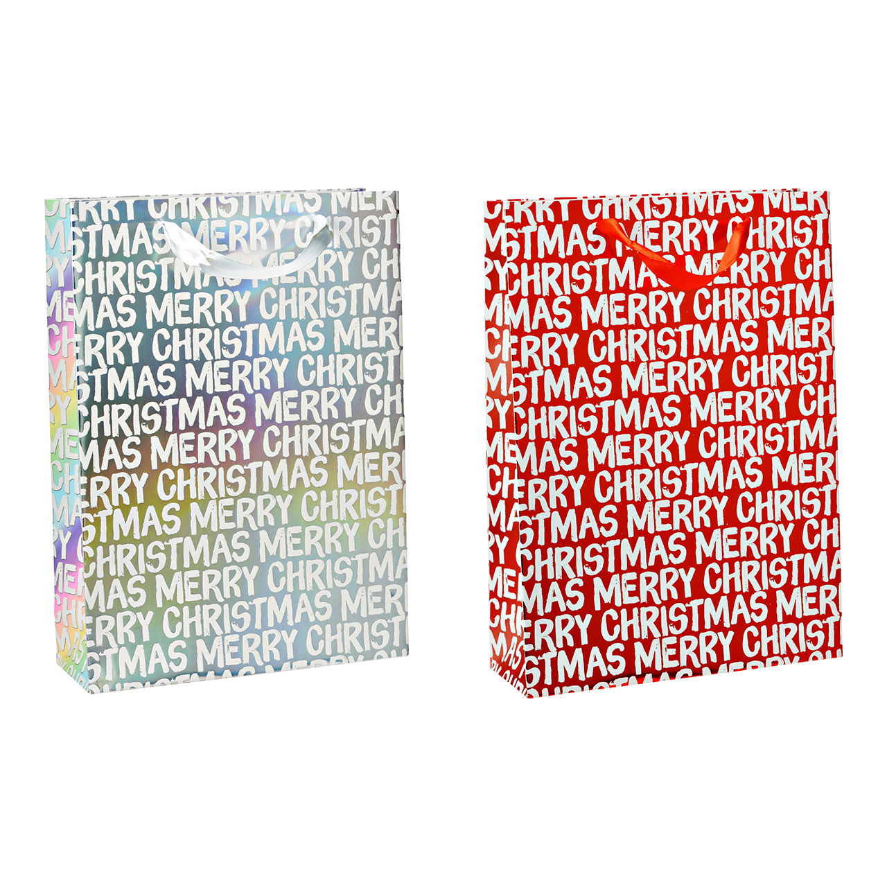 Merrry Chrismas gift bag made of paper/cardboard, 2-fold, red/silver (W/H/D) 25x34x8cm